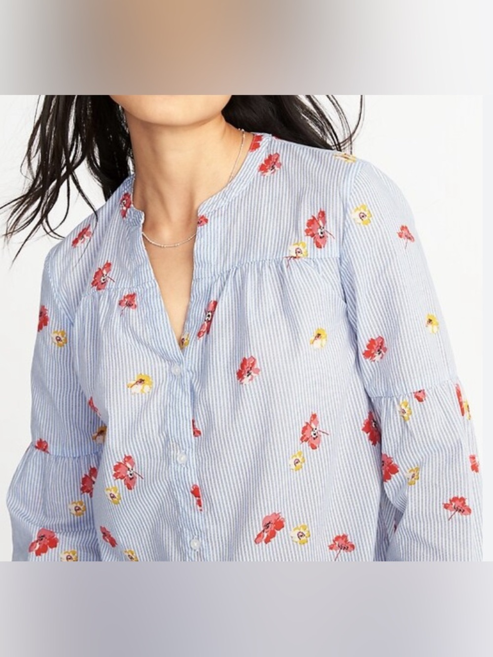 Old Navy Relaxed Smocked Floral Striped Button-Front Cotton Shirt - Picture 2 of 10